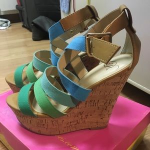 Blue/green ombré high wedge sandals size 8